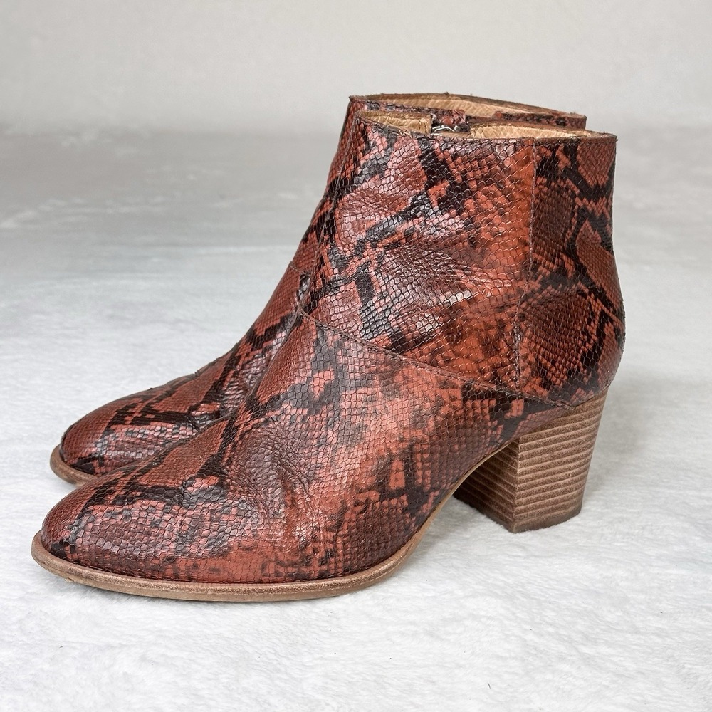 Madewell Snakeskin Ankle Boots Block Heel Zip Size 7.5 Leather Brown Western
